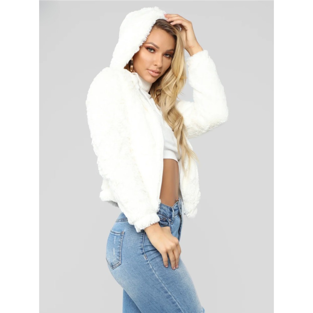 White Faux Fur Hooded Zip Up Cropped Jacket Size Small - Picture 2 of 9